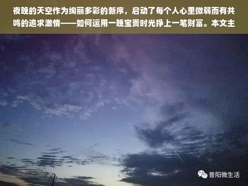 夜晚的天空作为绚丽多彩的新序，启动了每个人心里微弱而有共鸣的追求激情——如何运用一晚宝贵时光挣上一笔财富。本文主要围绕着晚上摆摊能做什么赚钱，为您提供全方位的理论探讨和丰富的实际操作建议。在此之前的概述部分简要阐述晚上的商业潜力及市场潜力展望。文中融入对市场定位的思考，罗列不同种类地摊的可行性方案，并分析盈利点和风险控制。同时结合真实案例与市场前景预测来讲述晚上的摆摊生意之道。读者将从这篇文章中获取不少实用启示。接下来让我们一起进入这个充满活力的夜间创业世界。